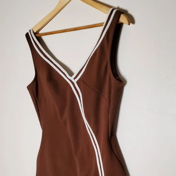 60s Sweetheart Brown Vintage One Piece Swimsuit with White Striped Lining - Picture 10 of 13